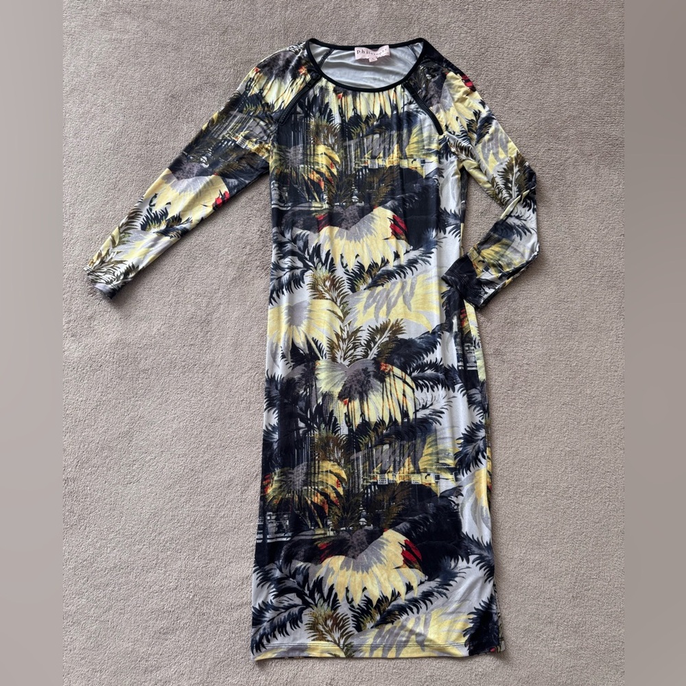 Philosophy Black and Yellow Tropical Long Sleeve Dress